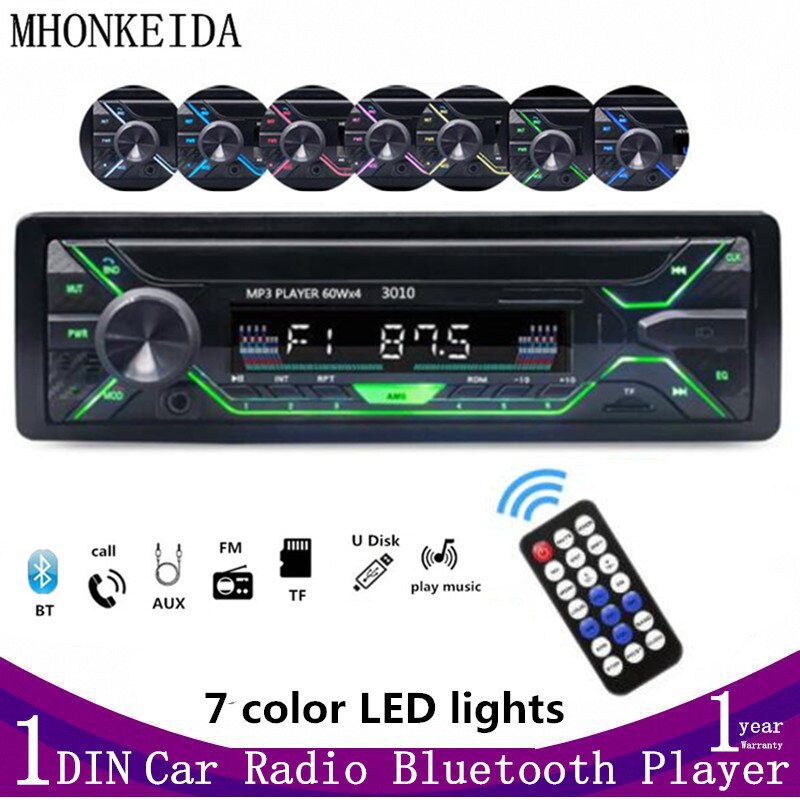 Auto Radio Audio 1din Bluetooth Stereo MP3 Speler Fm Ontvanger 1 Din 12V 60Wx4 Met Kleurrijke Verlichting Aux/usb/Tf Card In Dash Kit