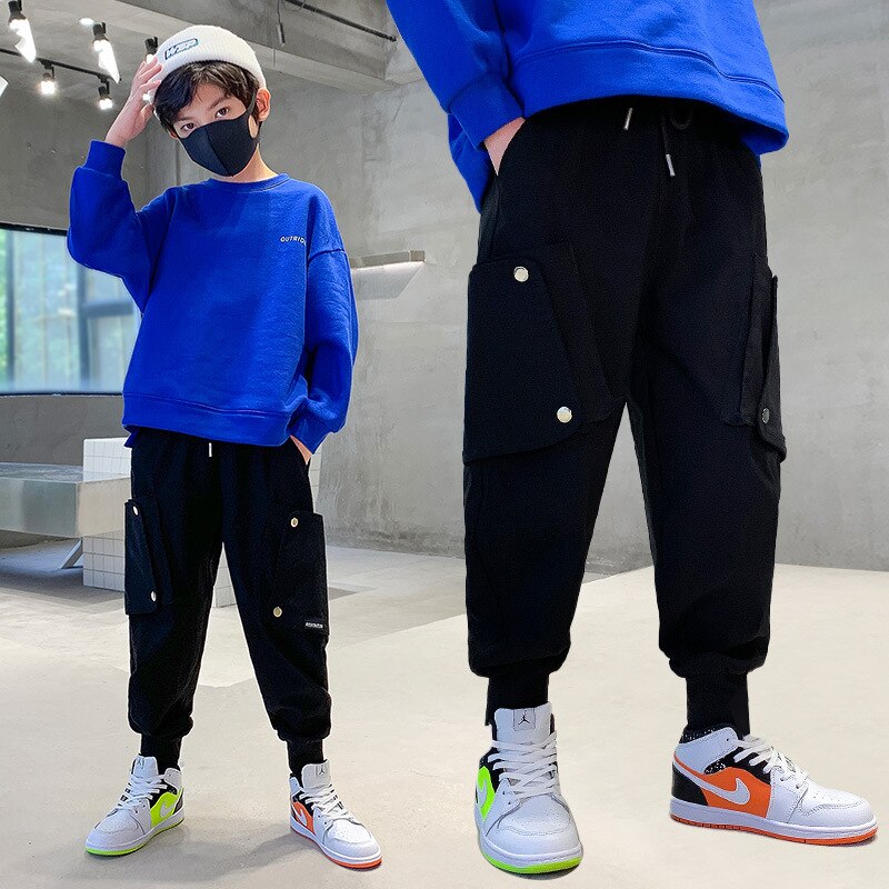 Pantalon Cargo uni pour garçon et adolescent de 4 à 14 ans, multi-poches, style Streetwear décontracté, collection printemps et automne