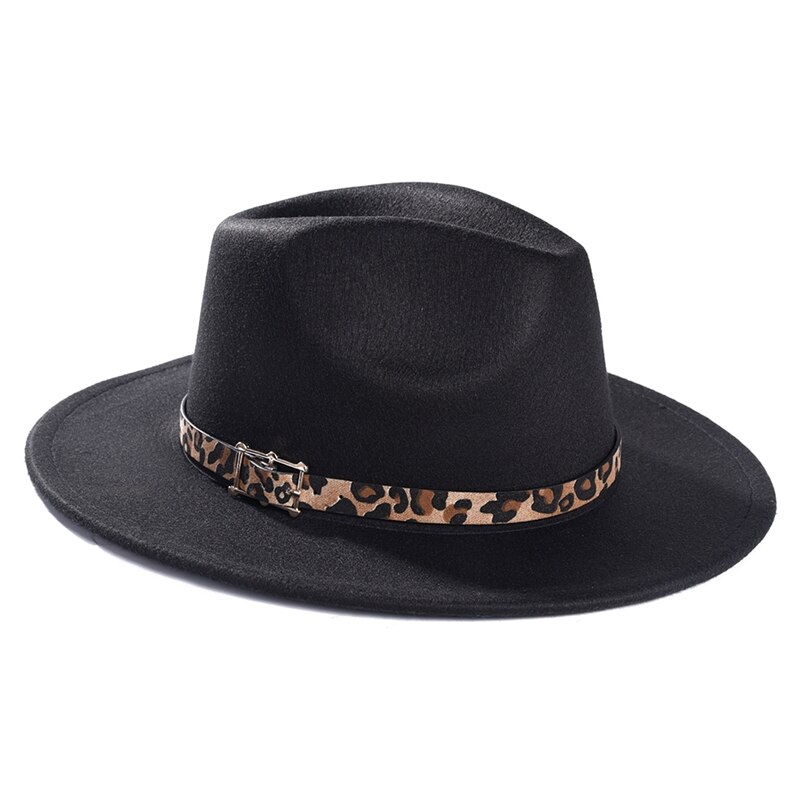 Imixlot Neue retro Frauen Männer Breite Krempe Jazz Kappe Ich bin Freien Einfache Kirche Derby oben Hütte mit Leopard Gürtel Hüte