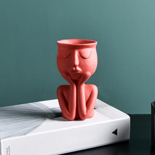 Maceta de cerámica con cara humana para el hogar, maceta de plantas y flores, jarrón ecológico, bonito: Rojo