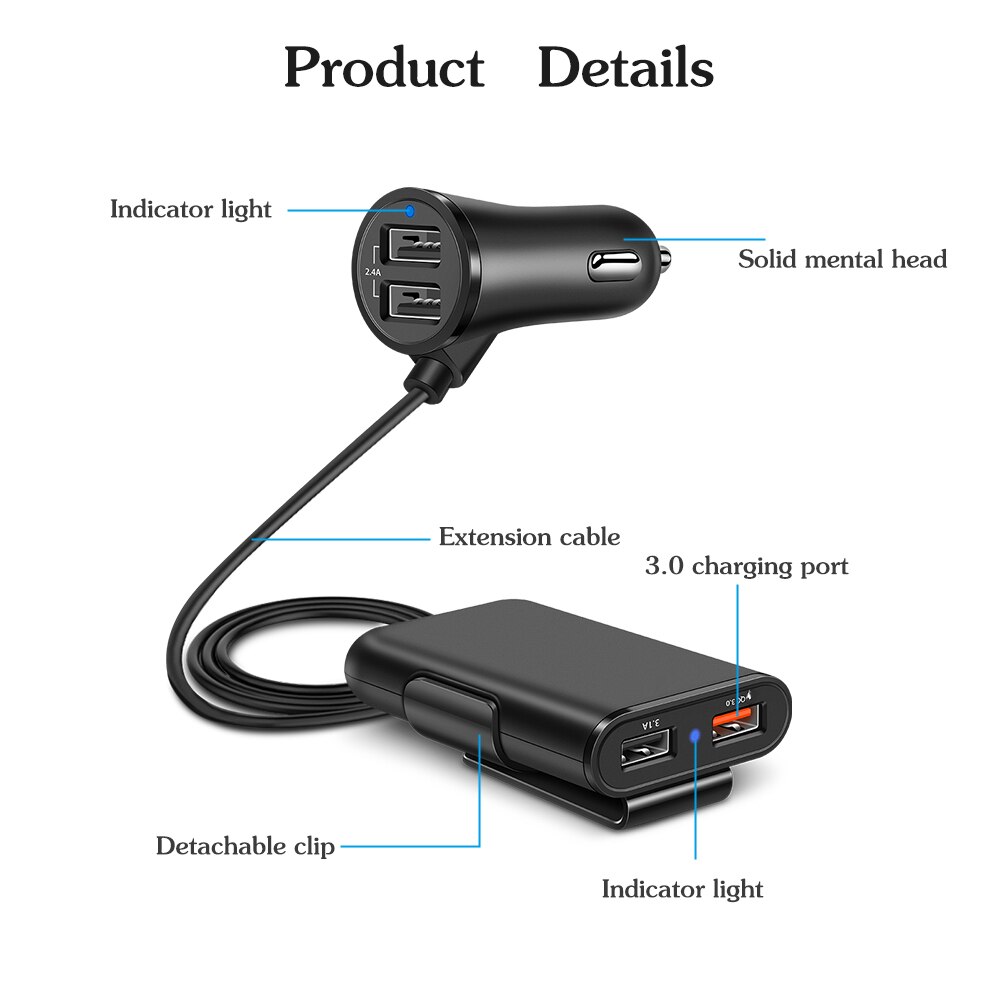 Powstro 3.0 Auto Lading + 2.4A + 3.1A 4 USB met 5.6ft Verlengsnoer Kabel voor Achterbank lading Met EEN Clip voor iPhone 7 – Grandado