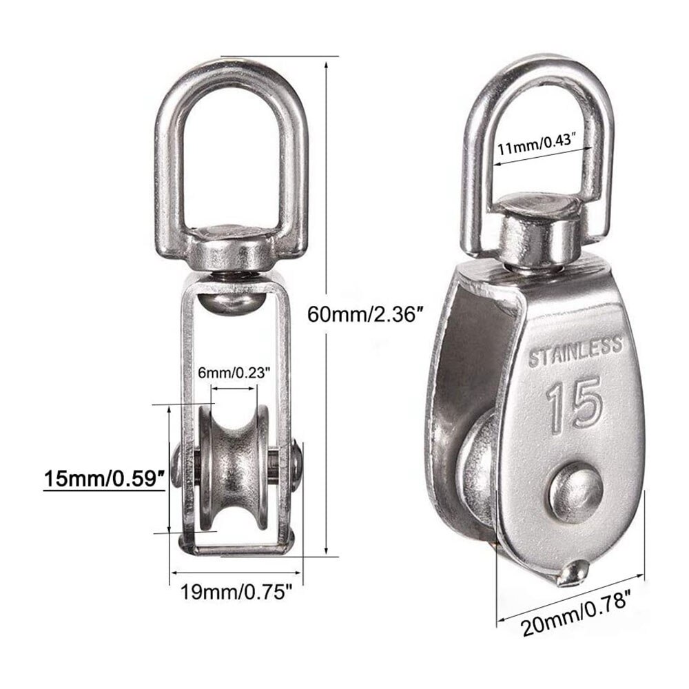 12 Pcs M15 Single Pulley Block 304 Stainless Steel Hang Wire Pulley Roller Swivel Lifting Wire Rope Cable Towing Wheel