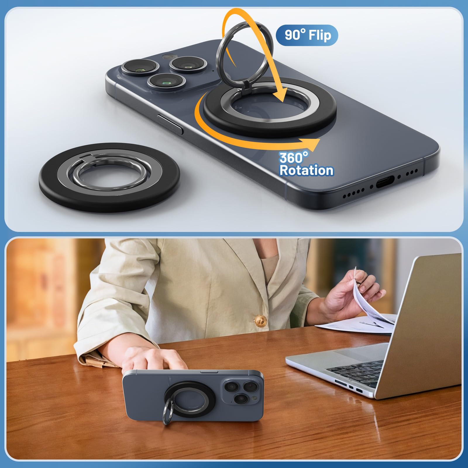 Magneettinen puhelimen sormuspidike magsafelle, , 360 ° pyörivä sormioteteline iphone 16/15/14/13/12 pro/pro max/plus -puhelimelle, utuinen musta