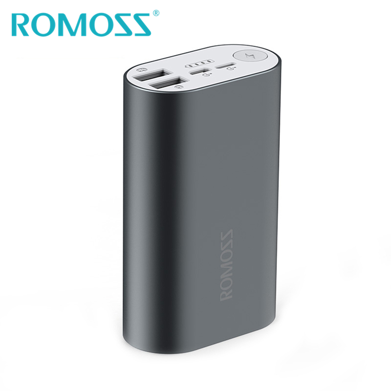 ROMOSS ACE10 10000mAh mini banco de energía de aleación de aluminio, paquete de batería externa con 2 puertos de entrada y salida USB Dual de 5V/2.1A