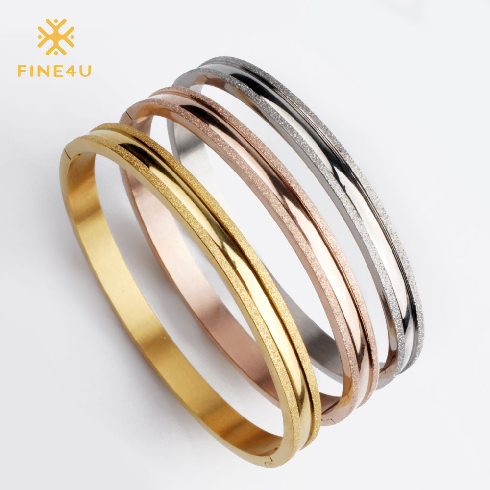 Fine4u b058 manguito pulseira para mulher 316l aço inoxidável sandblasted pulseiras & bangles 3 cores escolhas