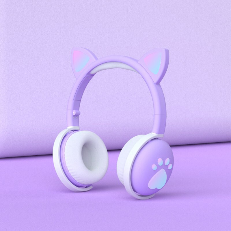 Cute cat Ear Paw Headset Glowing Kids Wireless Bluetooth 5.0 Headphones daughters Girls Earphones with Mic Children