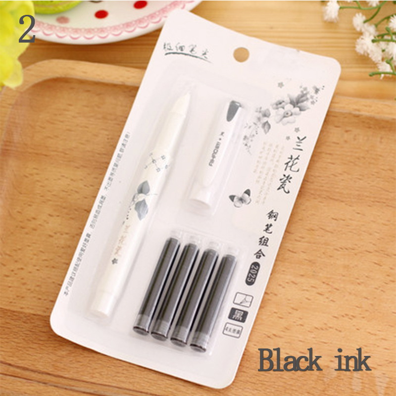 Chinese Style Orchid Porcelain Erasable Fountain Pen With Ink Sac Calligraphy Pens For Writing Office School Supply Stationery: Black