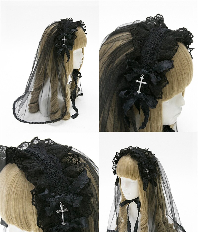 gothique dentelle bandeau croix chapeaux nœud épingle à cheveux de luxe Vintage Cosplay Lolita voile Floral cheveux accessoires coiffure