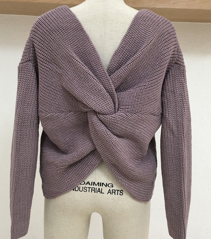 Efterår vinter strik rund hals krave ryg og skuldre sweater: Lilla farve / Xl