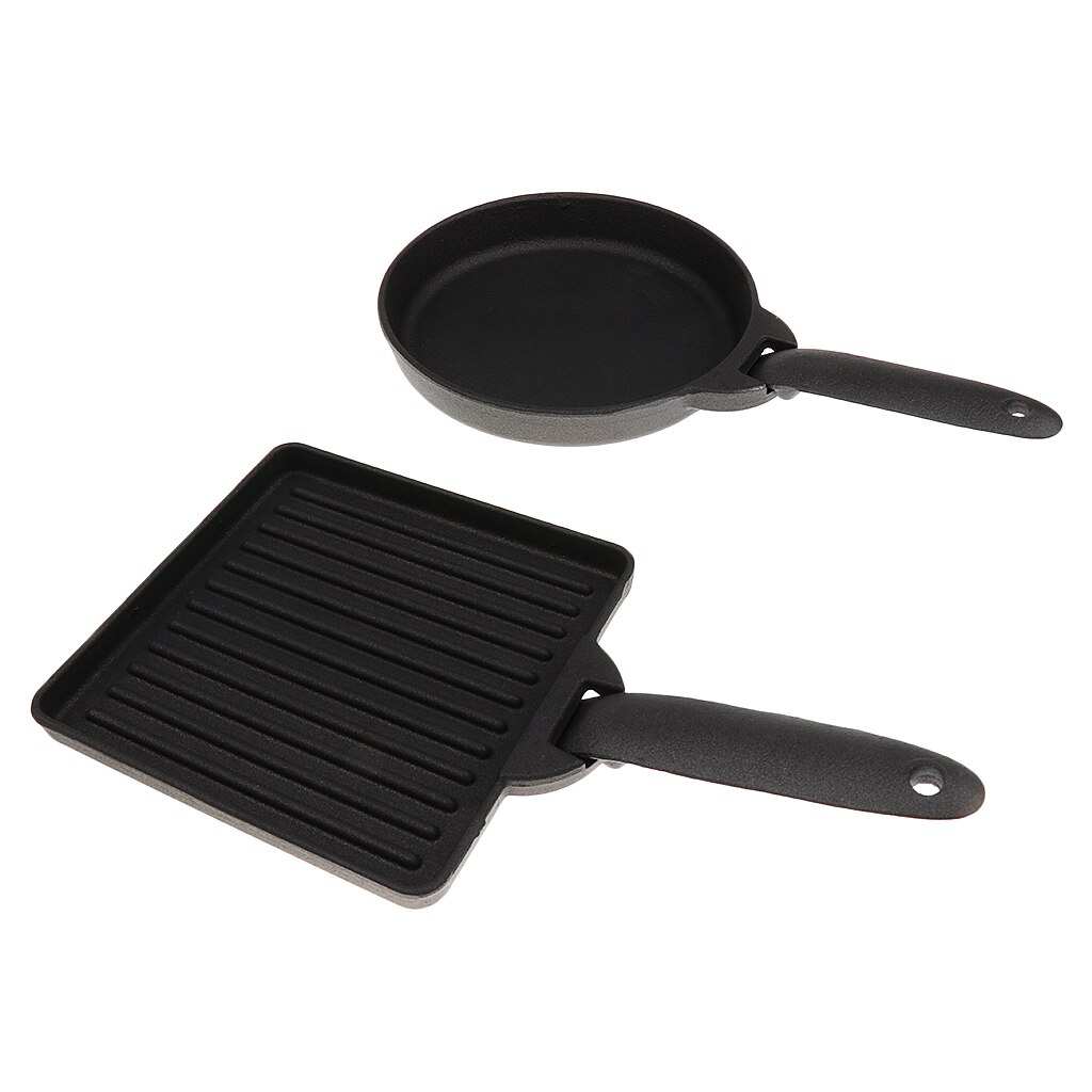 2pcs Square & Round Cast Iron Steak Skillet/ Fry Pan + Bag Camping Outdoor