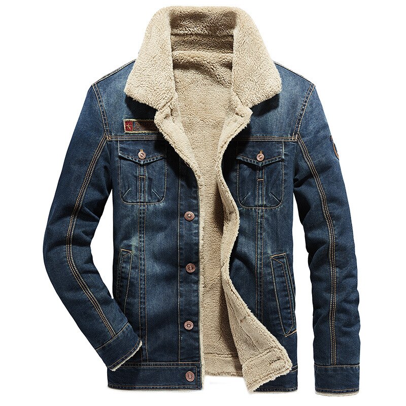 Herr vinter varm casual märke jeansjacka parkas herr höst vindtät fleece tjock kappa herr pälskrage herr jacka 5xl: Mörkblå / L