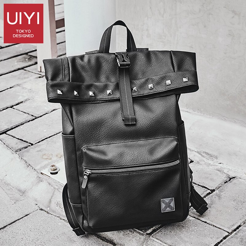 UIYI Men's Backpack PU Leather Korean Outdoor Travel Bag Large Capacity 14-inch Laptop Backpack Waterproof rivet school bag man