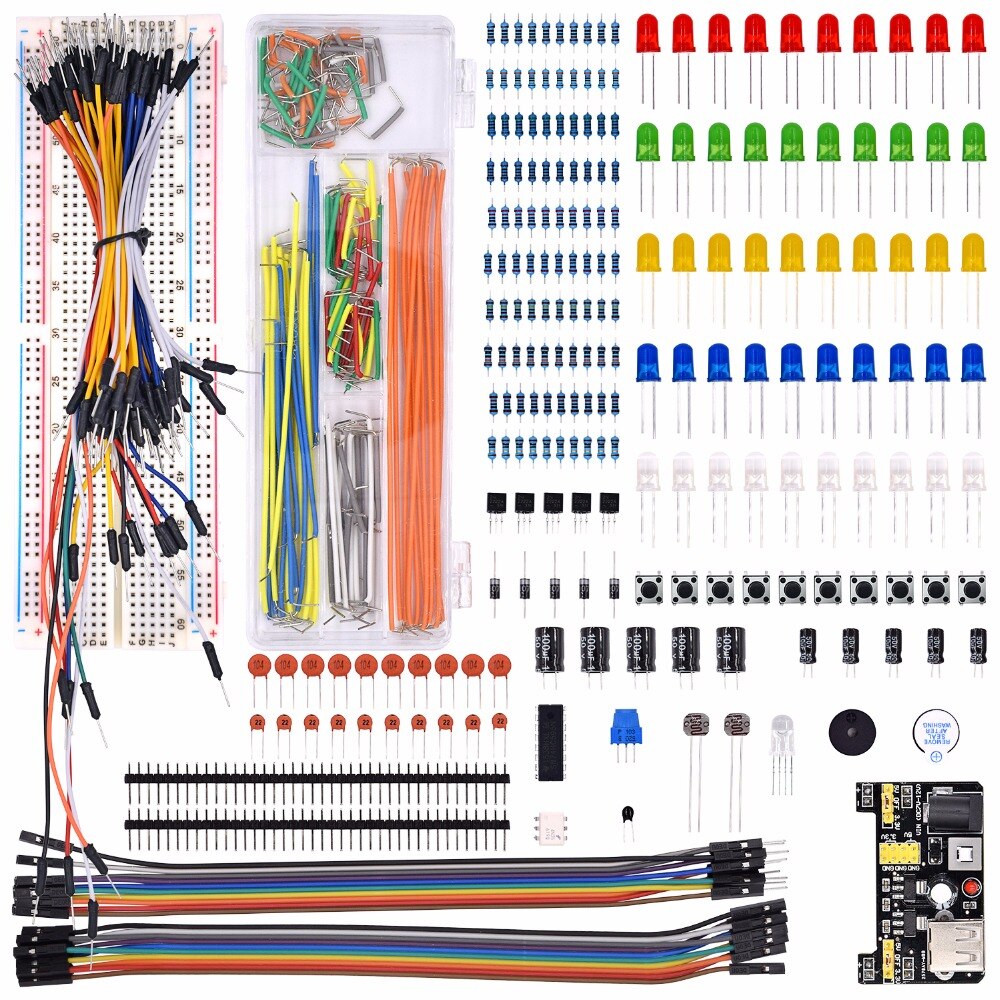 Electronics Component Basic Starter Kit with 830 Tie-points Breadboard Cable Resistor Capacitor LED Potentiometer Box Packing