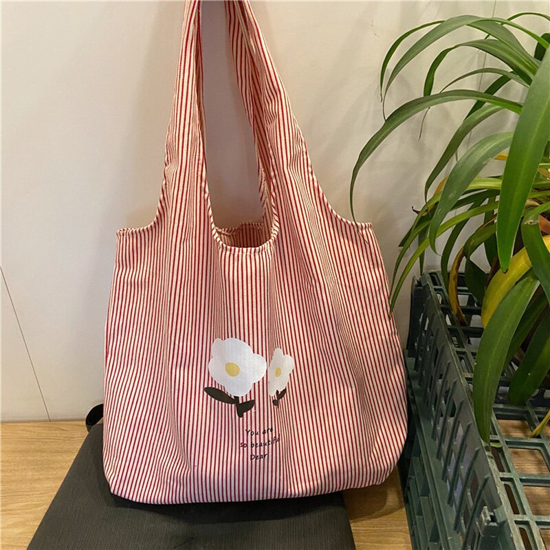 Vrouwen Canvas Schoudertas Verticale Strepen Dames Grote Capaciteit Doek Handtas Grote Tote Eco Vriendelijke Leuke Boodschappentas