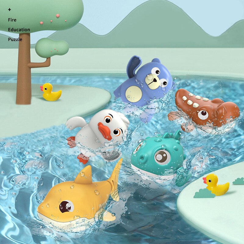 Summer Baby Bath Toys For Kids Boys And Girls Cute Animal Bear Shark Crocodile Clockwork Swimming Water Toys For Bathroom Beach