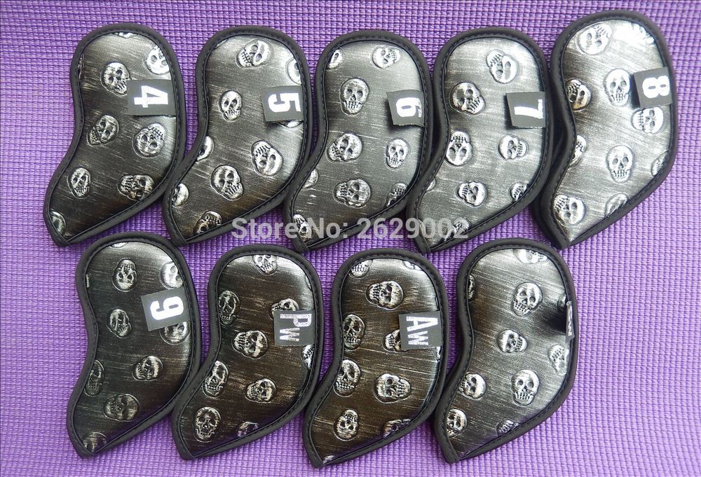 Skull brand Golf Irons Headcovers PU Leather Golf Iron Set Covers #4-9PAS/ set: Black with Silver