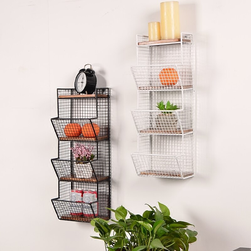 Punch-Free Wrought Iron Wall Shelf, Retro Solid Wood Partition Rack