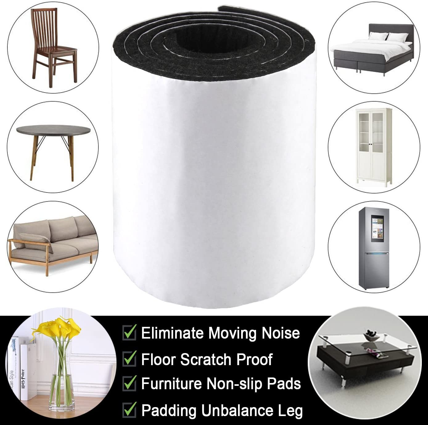 2Pcs Self Adhesive Furniture Felt Strips DIY Shape Sliding Pad Tape Felt Tape Polyester Felt Strip Roll Black Floor Protector