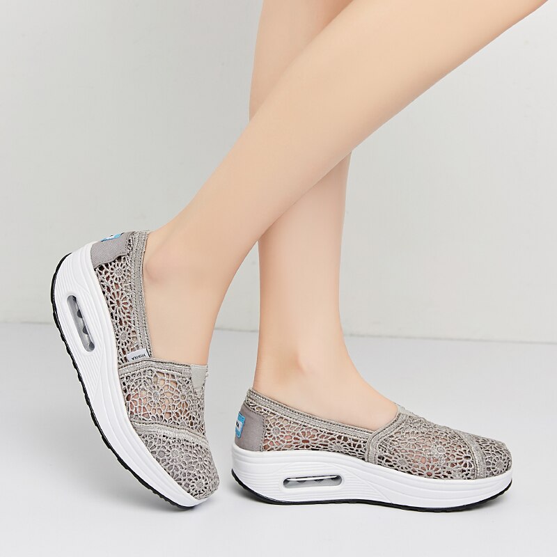 Summer Hollow Out Women's Fitness Shoes Platforms Slip On Breathable Mesh Cushioning Travel Walking Toning Shoes Wedges: Grey / 6.5