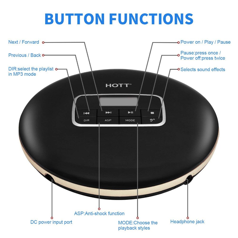 HOTT Portable CD Player With LCD Headphone Jack Anti-Slip Shockproof Protection Compact Music Disc Walkman Player CD 511