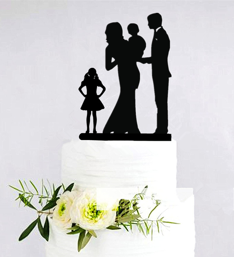Wedding Cake Topper- Happy Family Cake Topper, Bride and Groom with 2 Kids Silhouette, Anniversary Party Decor: glitter silver