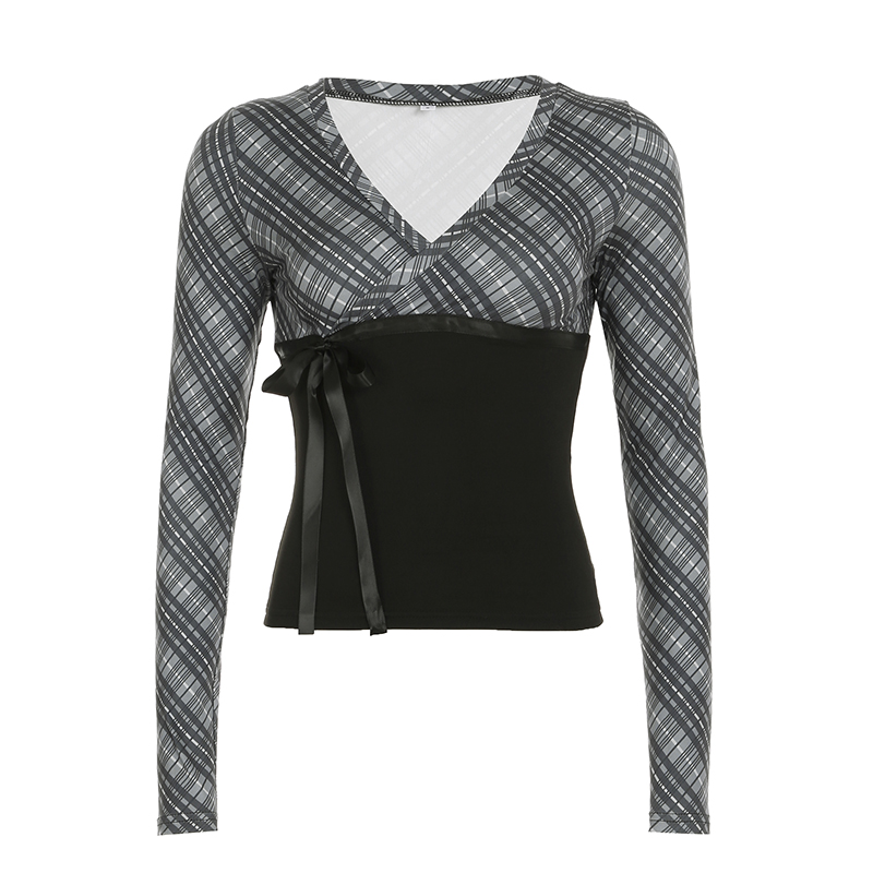 Iamhotty ternet patchwork-top i engelsk stil med v-hals og lange ærmer, koket æstetisk t-shirts med bindebånd og sløjfe i taljen: L