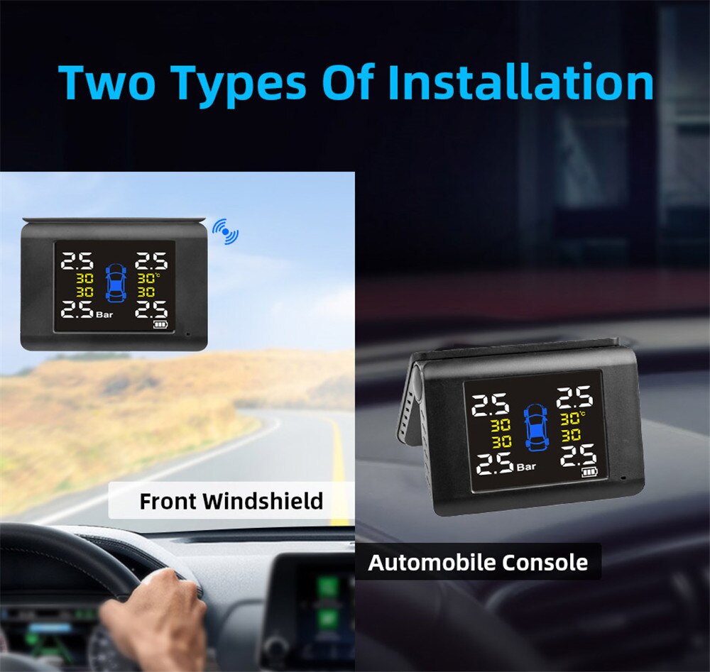 Foldable TPMS Solor Charging Tire Pressure Monitoring System Air Leaking Warning Temperature Alarm sensors low battery alarm