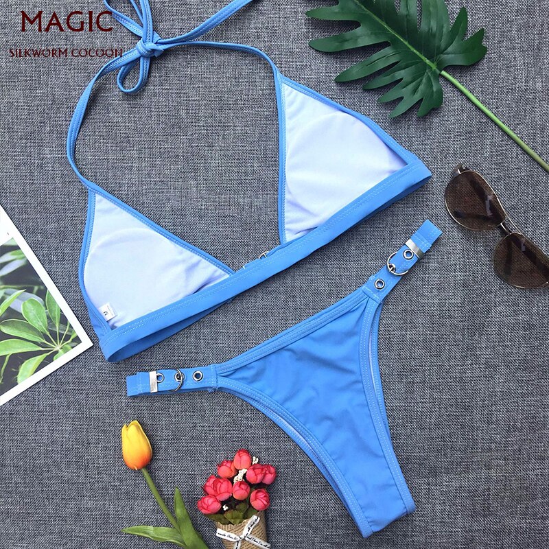 4 colors women bikini set beach chest adjustment buckle swimwear female swimsuit Low waist swimming suit blue bathing suit