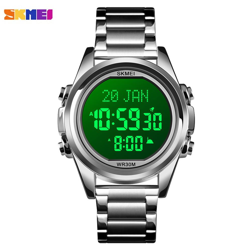 Skmei Moslim Azan Klok Horloge Voor Gebed Met Qibla Kompas Adhan Alarm Hijri Kalender Islamitische Al Harameen Fajr Tijd Horloge: silver black