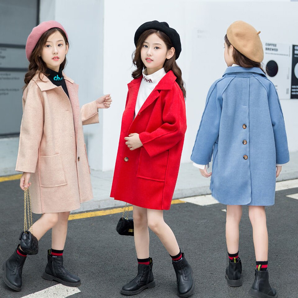 Kinderwinterwollen jassen voor tienermeisjes effen lange wollen jassen meisjes bovenkleding meisjeskleding parka voor meisjes