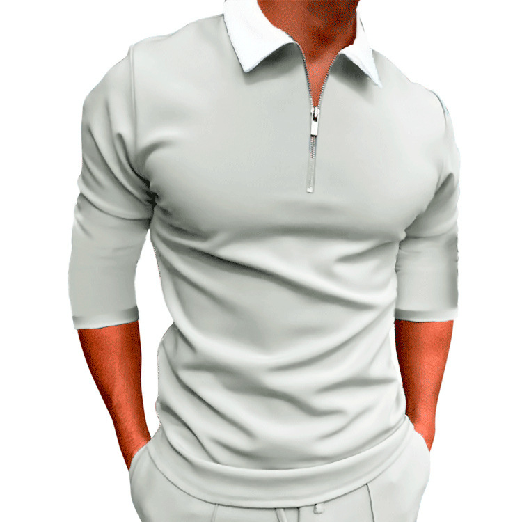 KPOP Style Harajuku Slim Fit Ropa Hombre Tshirts Loose Casual All Match Tops Polo Collar Insert Printed Long Sleeve Tees: S / GRAY