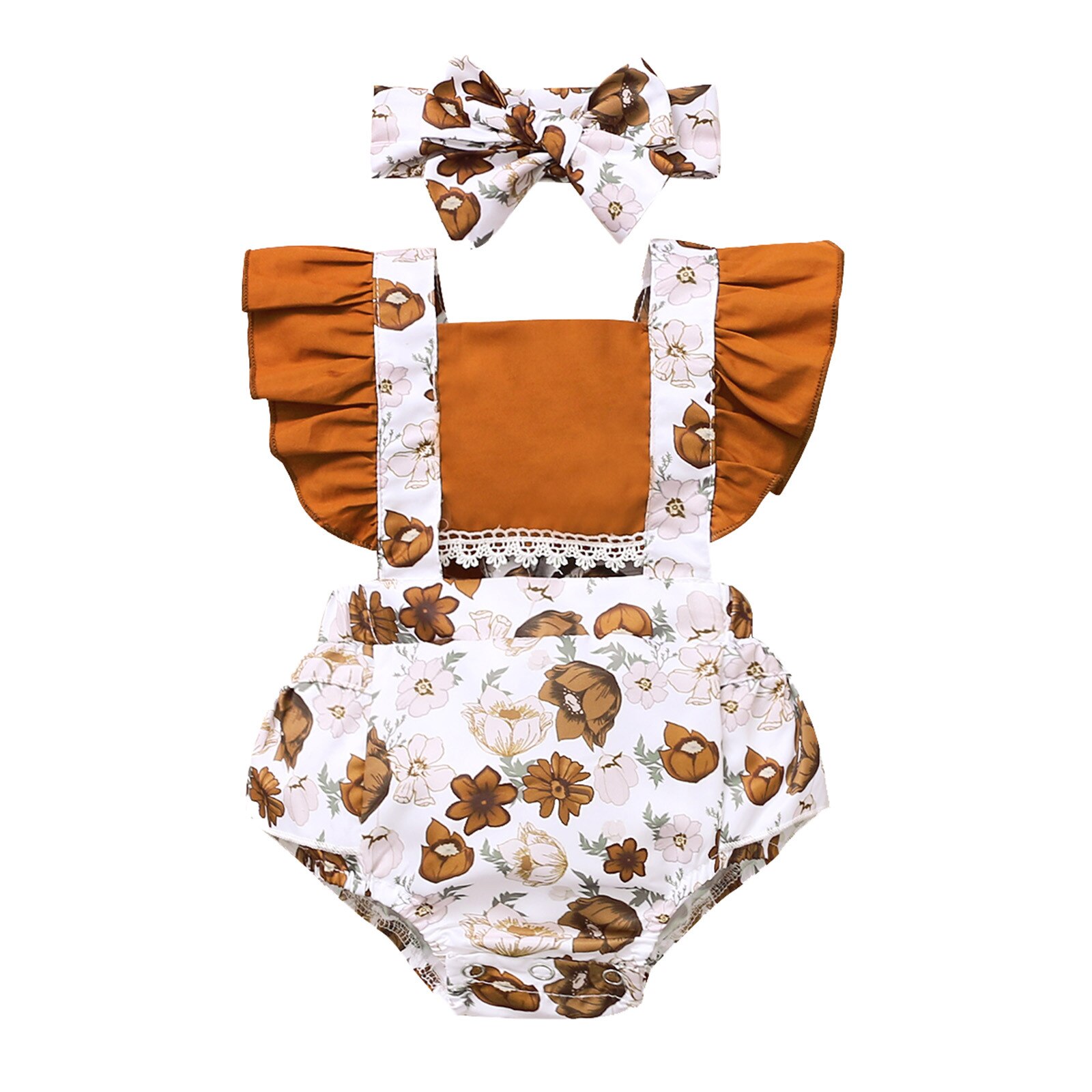 Vêtements pour bébés filles, -né, body à volants, imprimé Floral, vêtements pour enfants, combinaison mignonne, ensembles tête,: Marron / 70