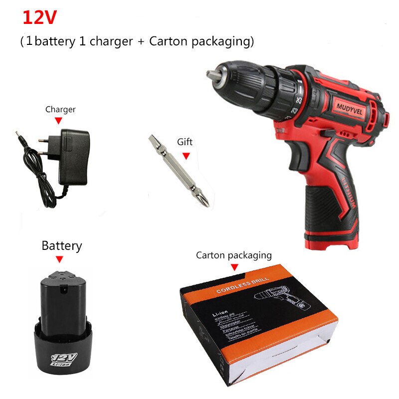 Cordless Screwdriver 12V Power Tools Rechargeable Battery Wider Profesional 3/8-Inch 2-Speed Cordless Mini Drill Electric: 12V 1 battery