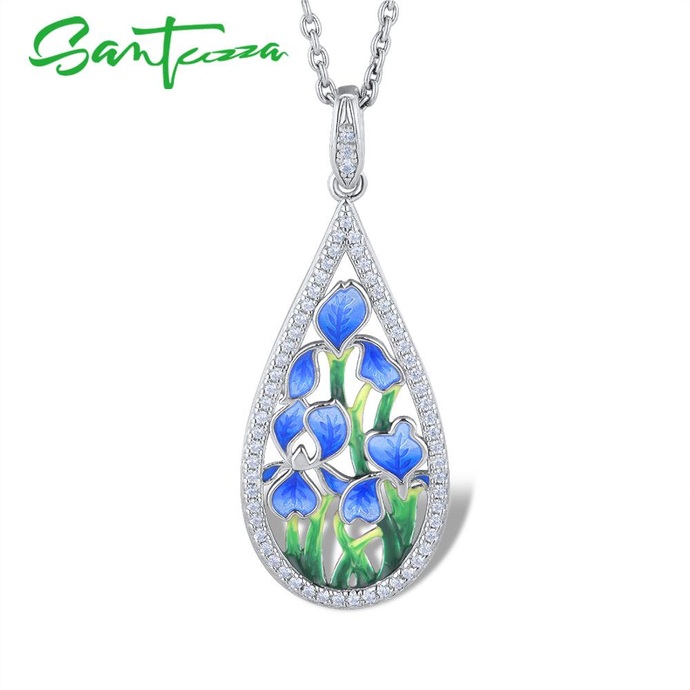SANTUZZA Silver Flower Pendant For Women 925 Sterling Silver HANDMADE Enamel Blue Petal Pendant Fit For Necklace Jewelry