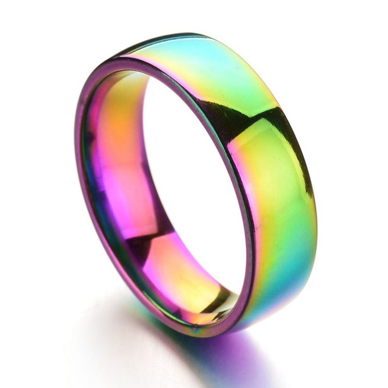 SHOUMAN 6mm Regenbogen Bunte Glatte Oberfläche Ringe für Frauen modisch Nette Edelstahl Hochzeit Bands Schmuck