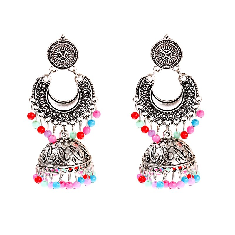 Ethnic Silver Color Gypsy Indian Earrings For Women Boho Jewelry Beads Bell Tassel Jhumka Earrings Ladies Retro Earrings: Style 3