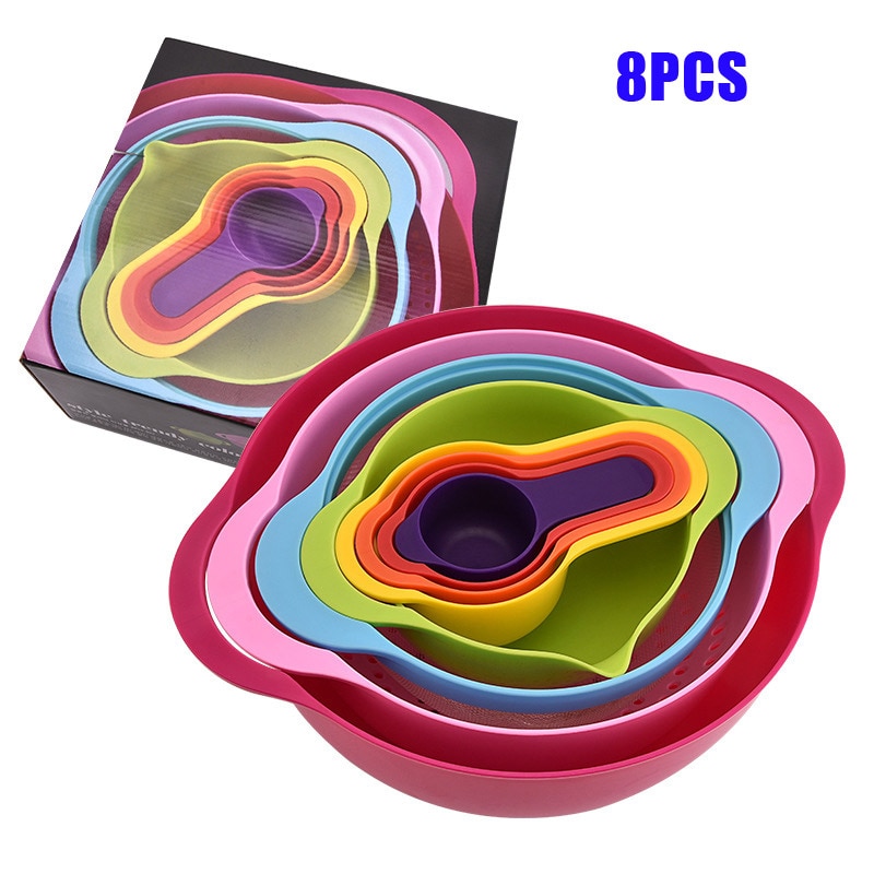 10 Pcs Mixing Rainbow Bowls Set Kitchen Bowl Set Salad Bowl Plastic Baking Measuring Cup Measuring Spoon Set Kitchen Gadgets: 8pcs