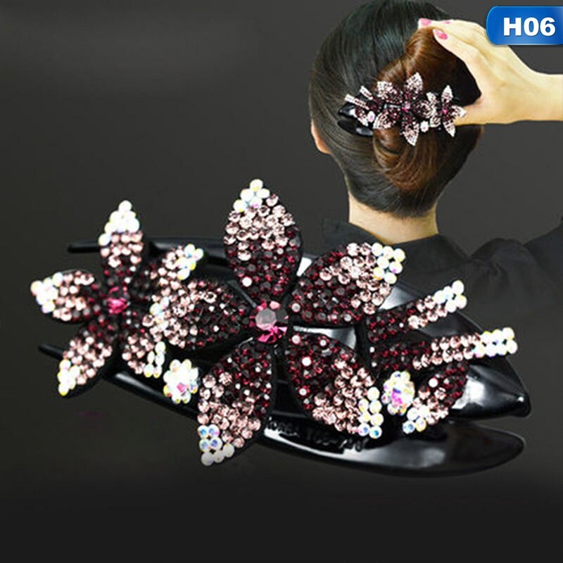 Grampo de cabelo de strass flor clipe de cabelo de strass duplo flor grampo de cabelo flexível durável grampo de cabelo feminino decoração: H06