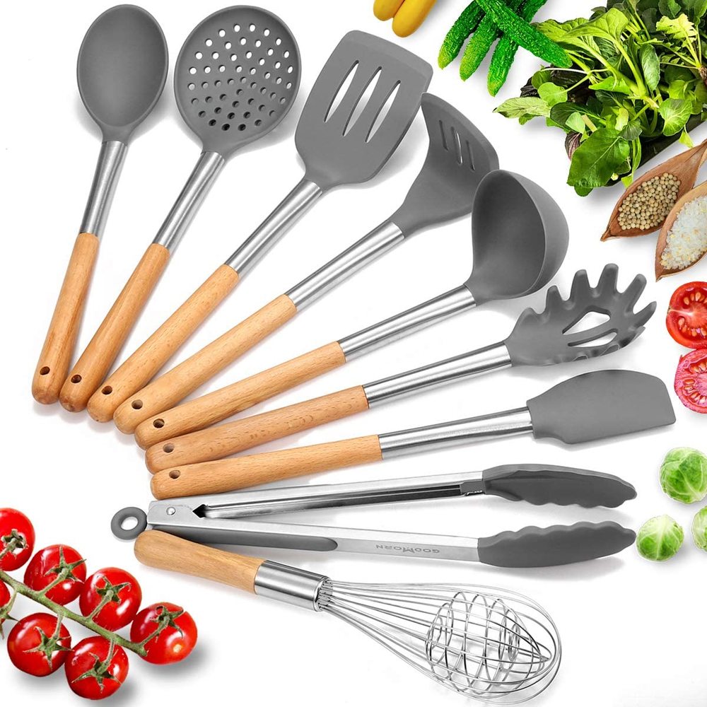 9/10Pcs Kitchen Set- Silicone Utensils Cooking Sets Non-stick Kitchenware Spatula with Wooden Handle Kitchen Tools Accessories
