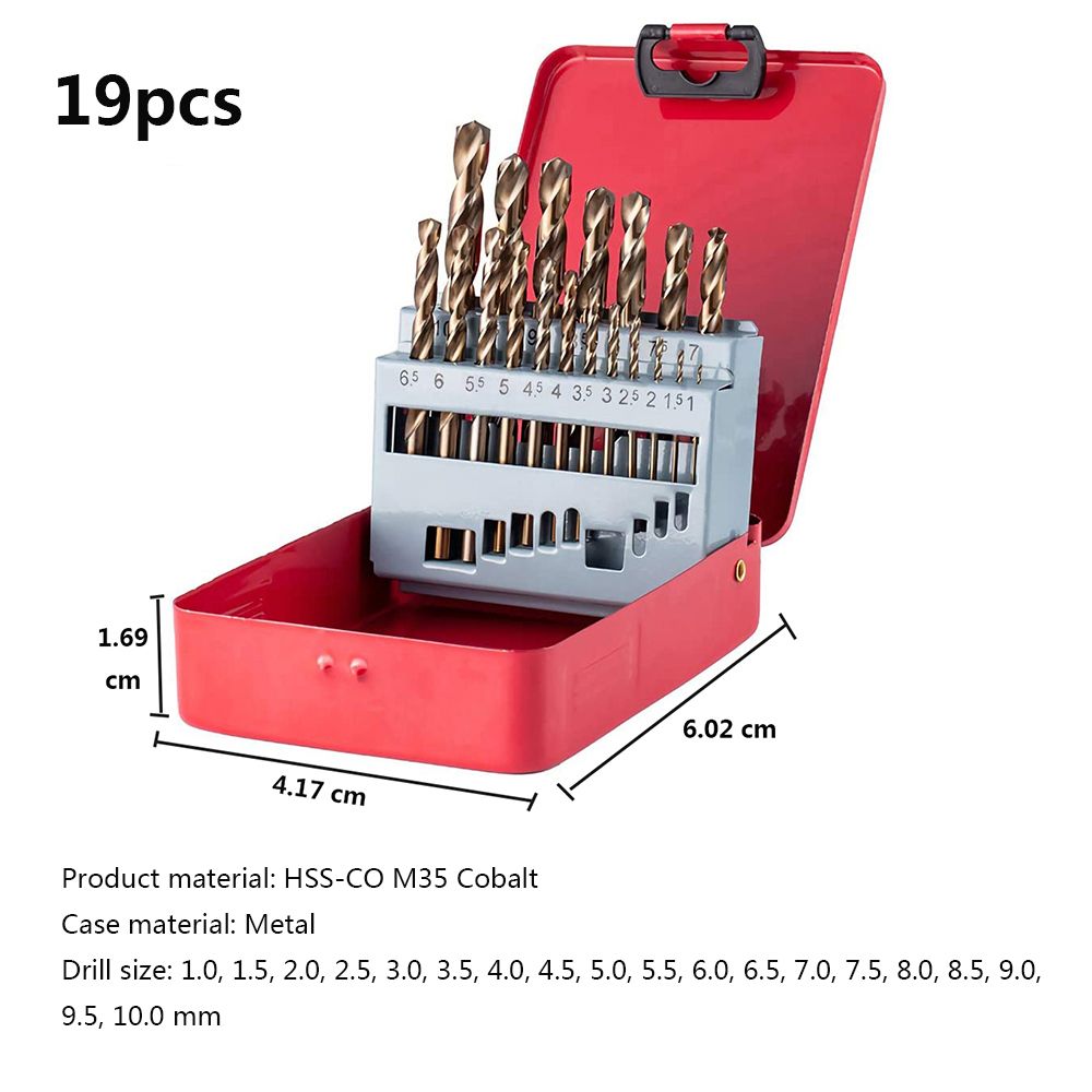 Drillpro 13/19/25pcs M35 Cobalt Drill Bit Set HSS-Co Jobber Length Twist Drill Bits With Metal Case For Stainless Steel Wood: 19pcs