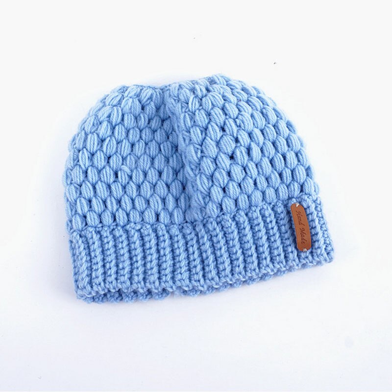 Kvinder piger stretch strik hat rodet høj bolle hestehale beanie varm hul heste hestehale stretchy strik hæklet kraniet cap: C