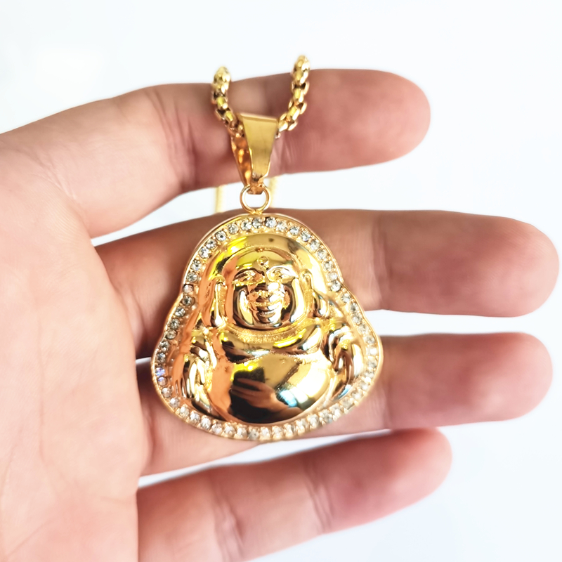 Hip Hop Mannen Ketting Met Strass Roestvrij Staal Gouden Kleur Plated Maitreya Hanger