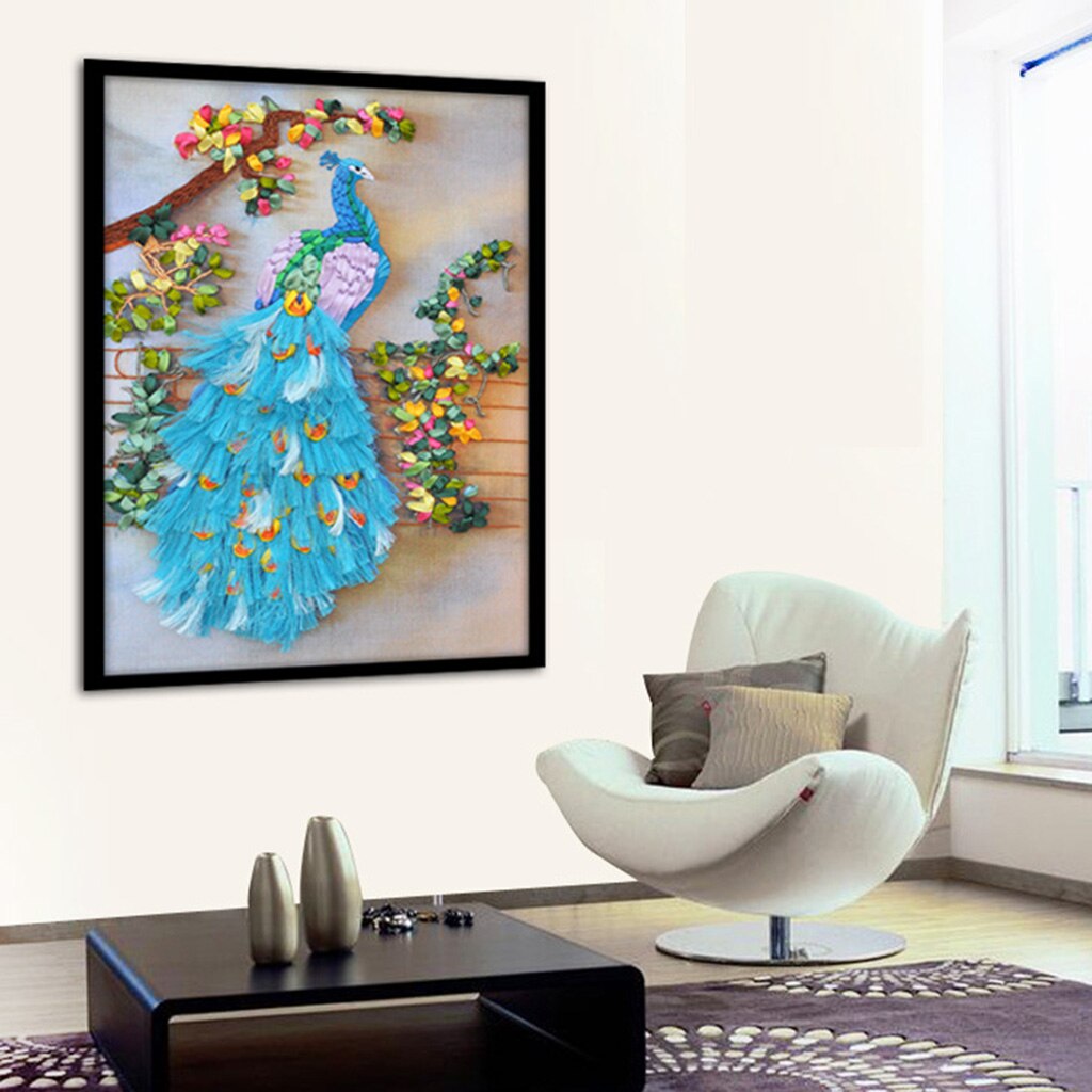 Handgemaakte Lint Borduren Pauw Schilderen Kit Gestempeld Kruissteek Diy