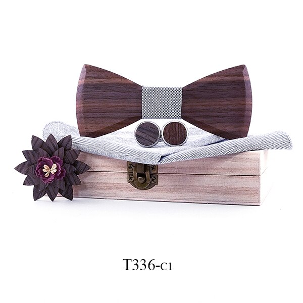 Corbata de lazo Manual madera corbata pañuelo conjunto pajarita de los hombres Grey Color madera hueco tallado y caja de los lazos de los hombres de de boda: T336-C1