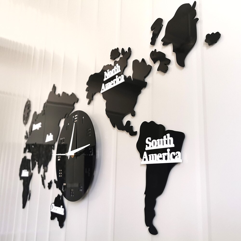 Akryl diy 3d världskarta stor klocka geografi mute relogio de parede historisk karta över världsklocka utan batteri resenär