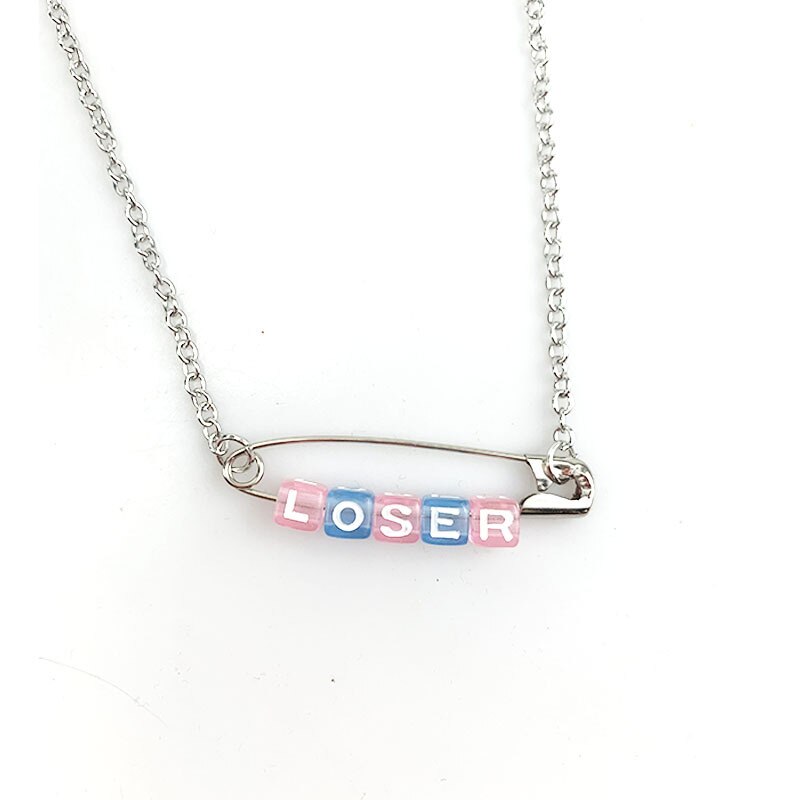 Funny Loser Letter Pins Cube Transparent Pendant Necklace For Women Girl Friends Cool Unique Punk Geometric Choker Necklace