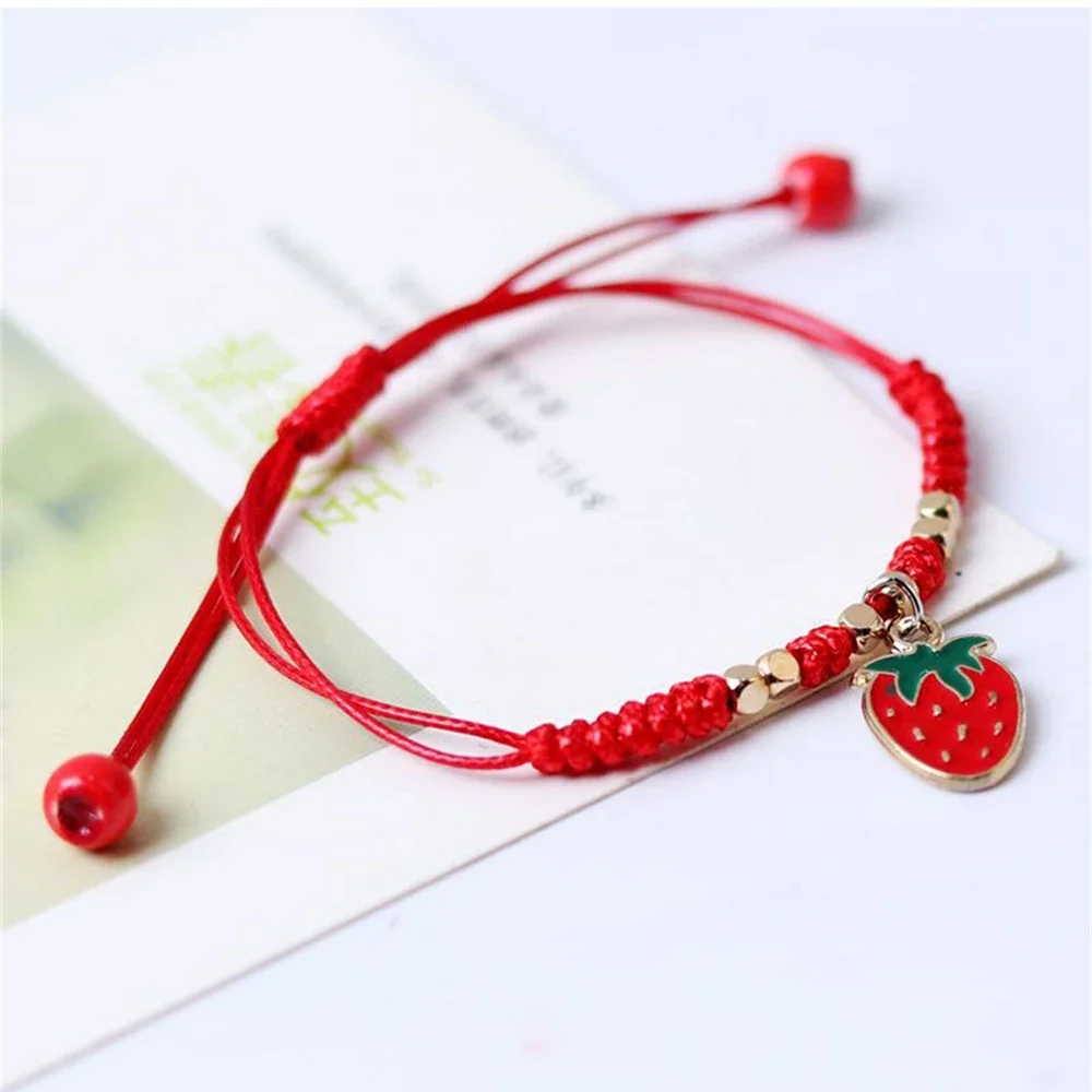 Dulce fresa cereza trenzada cuerda de mano DIY pulseras de cuerda roja ajustables para niñas accesorios de joyería