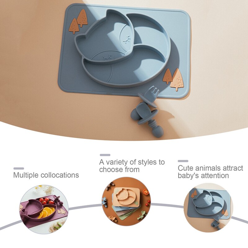 Juego de vajilla de alimentación para bebé, plato de comedor de zorro, cuchara de silicona, tenedor, impermeable, sin BPA, tazón de silicona de grado alimenticio, 3 unids/set