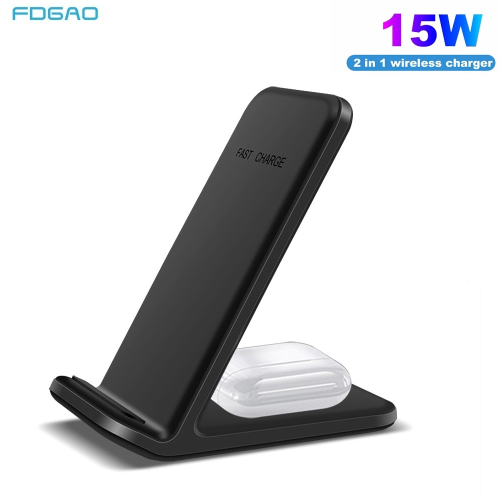 Fdgao 15w qi carregador sem fio carrinho 2 em 1 estação de carregamento rápido suporte do telefone para o iphone 11 pro xs xr x samsung galaxy s20 s10