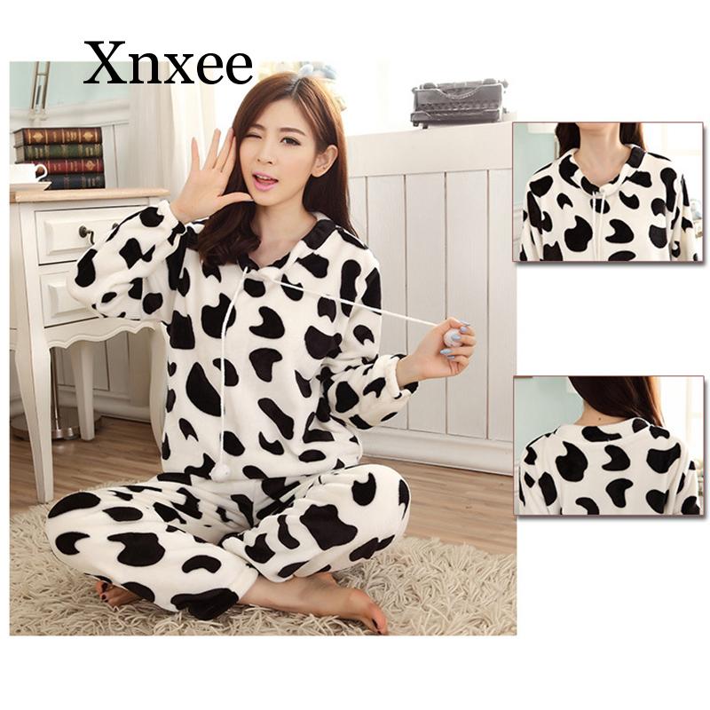 Coral fleece cow black and white animal Cartoon Flannel Women Pajama Sets Autumn and Winter Cute Thick Warm Women Sleepwear